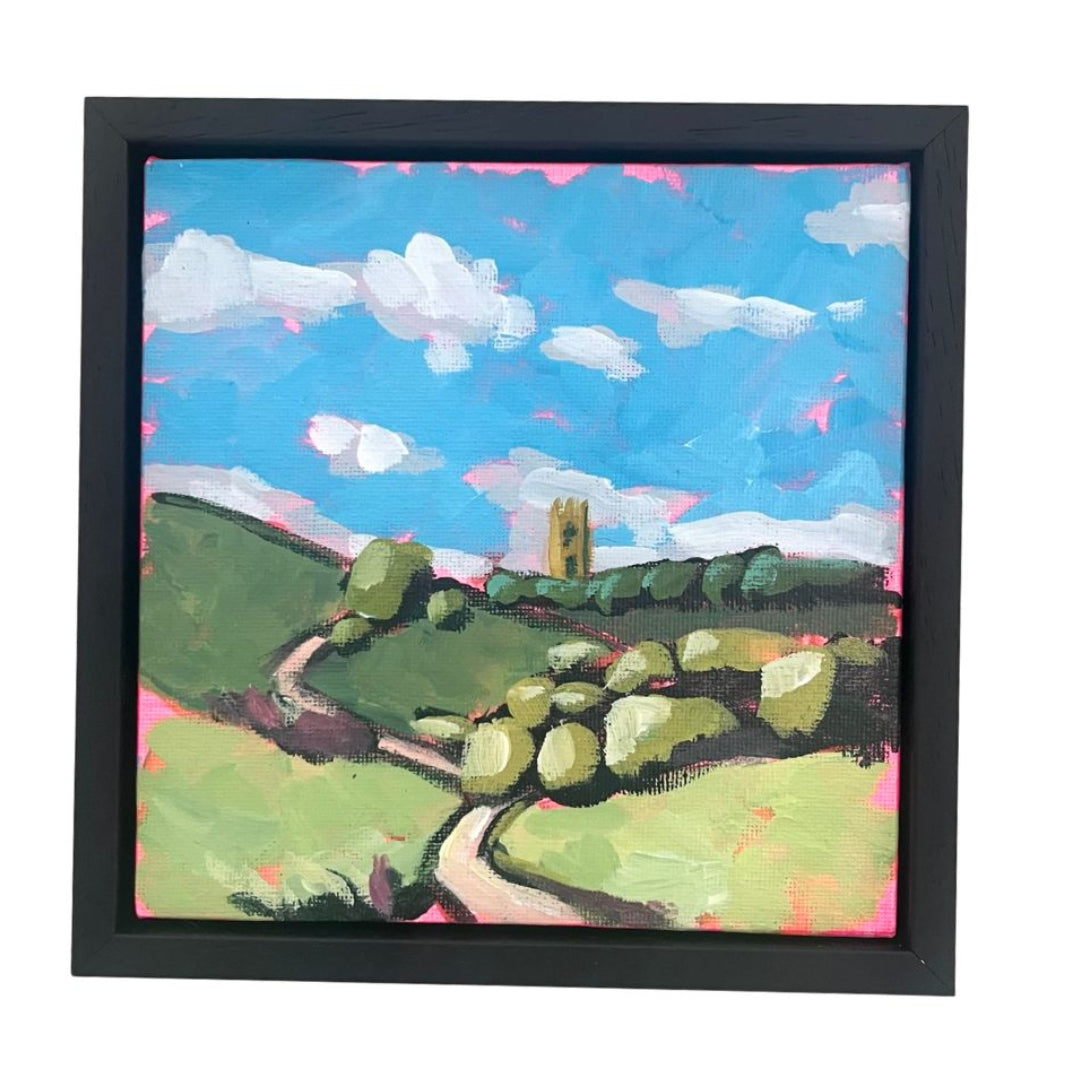 Painting of a small tower on a hillside 