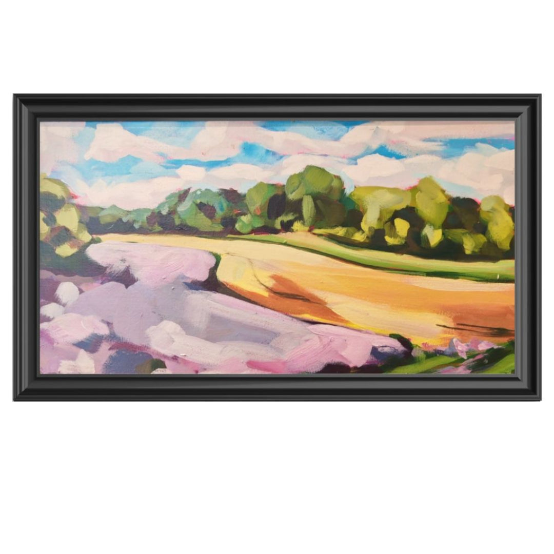 Framed painting of a landscape with trees and fields.