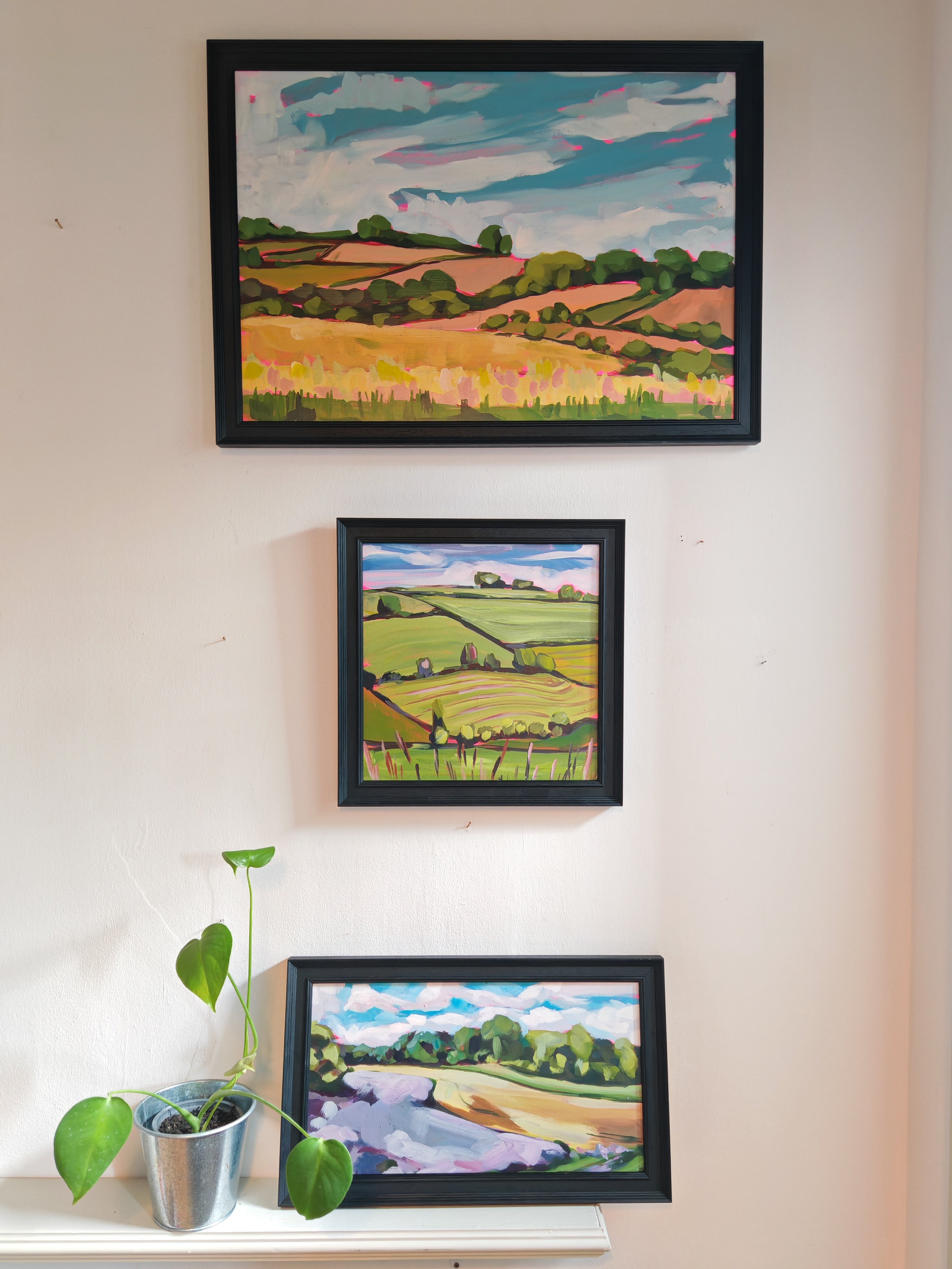 Three framed landscape paintings on a wall with a small potted plant below.
