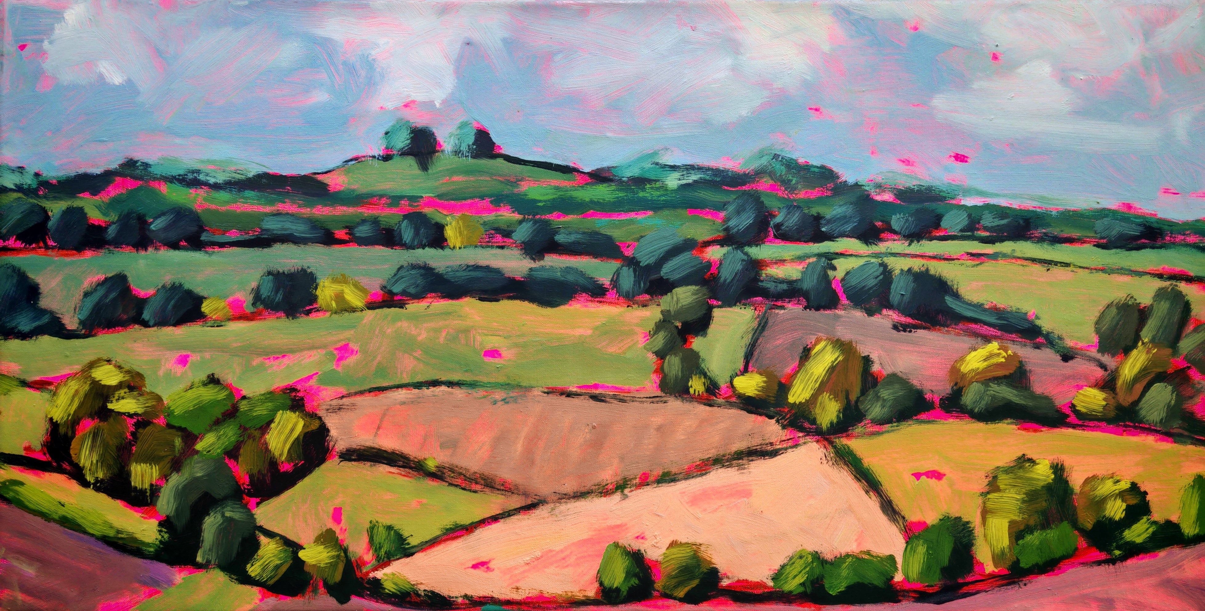 A colorful landscape painting depicting rolling green hills, fields, and trees under a cloudy sky, rendered with expressive brushstrokes in green, pink, blue, yellow, and brown.