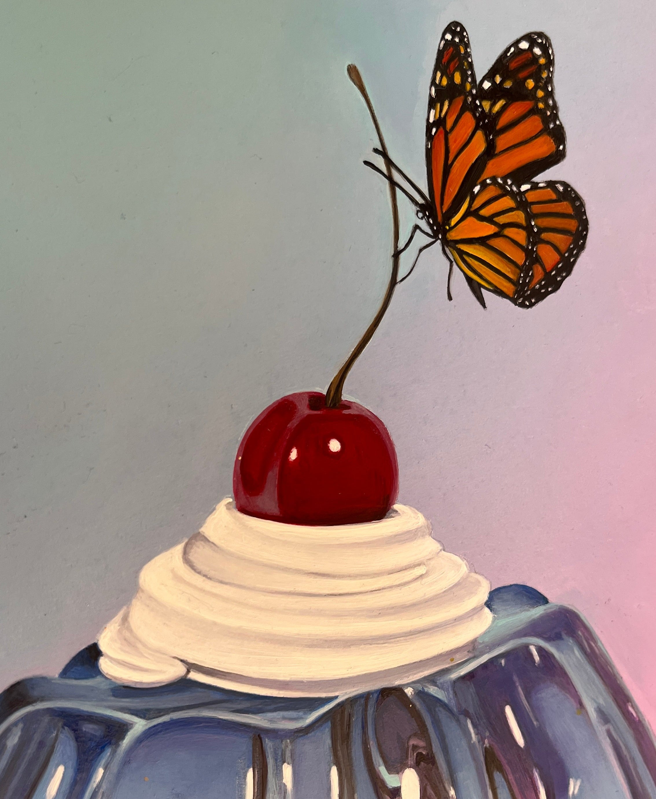 Close up details of cheery icevream and butterfly