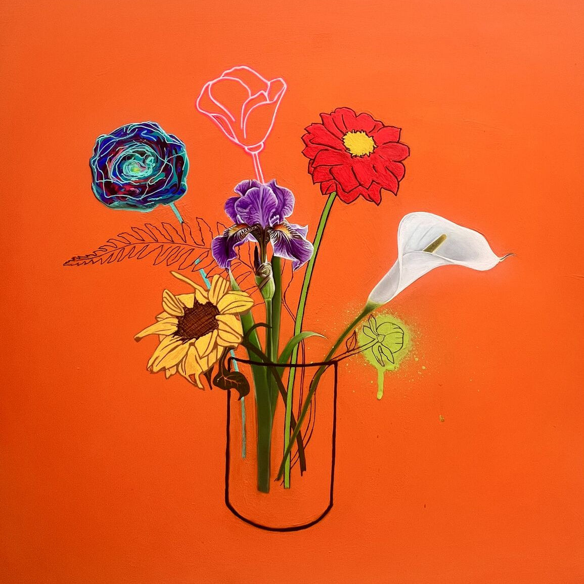 Still life painting with orange background 