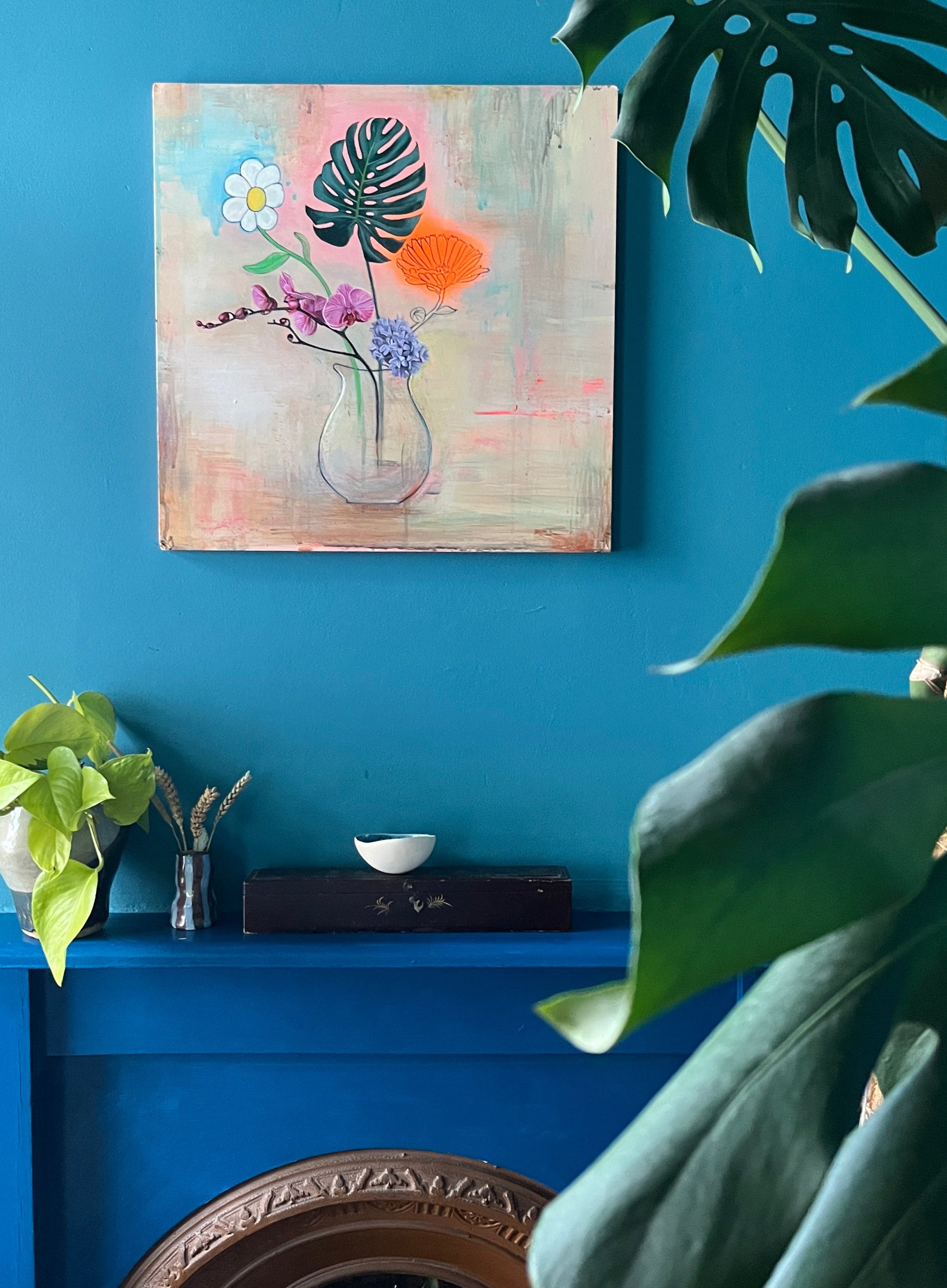 Still life oil painting in a blue room 