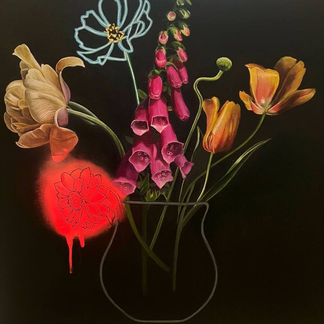 Still life oil painting with black background 