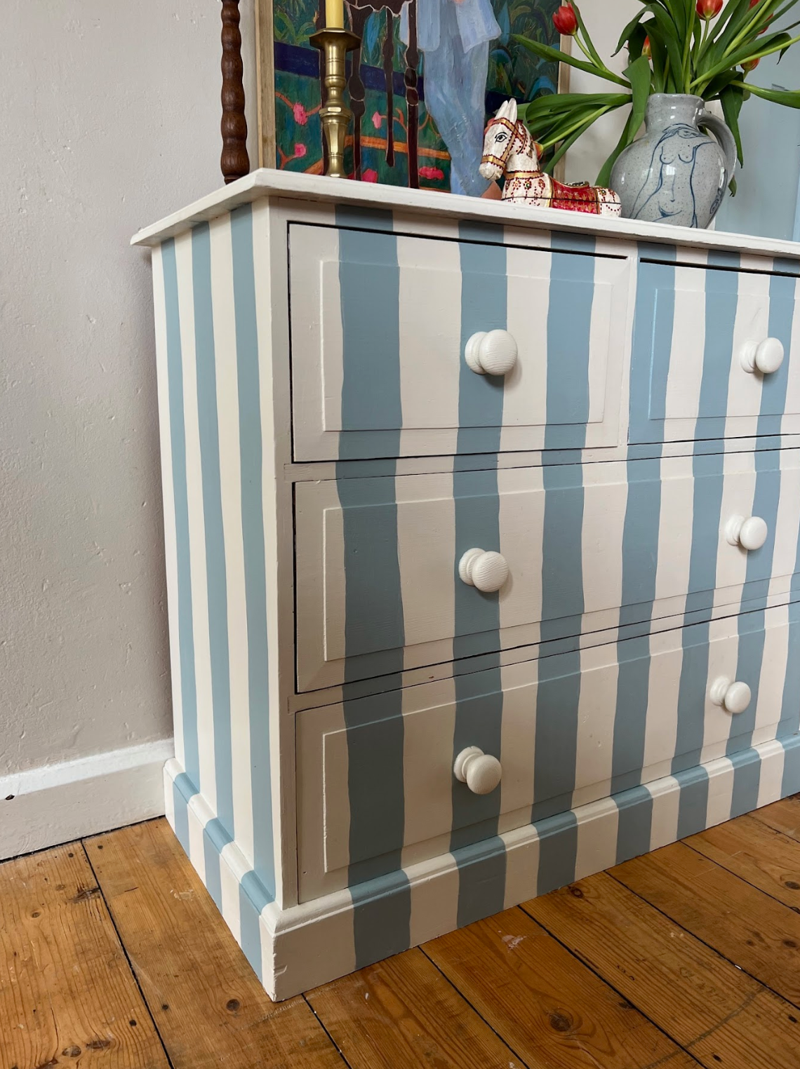 Blue & White Striped Antique Pine Chest of Drawers