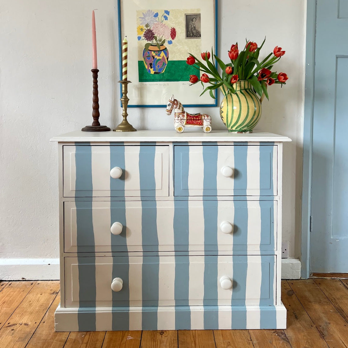 Blue & White Striped Antique Pine Chest of Drawers