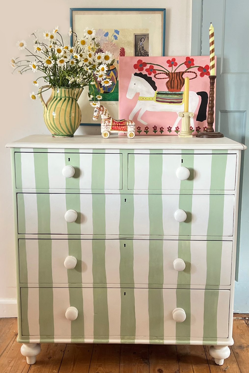 Green & White Striped Antique Pine Chest of Drawers