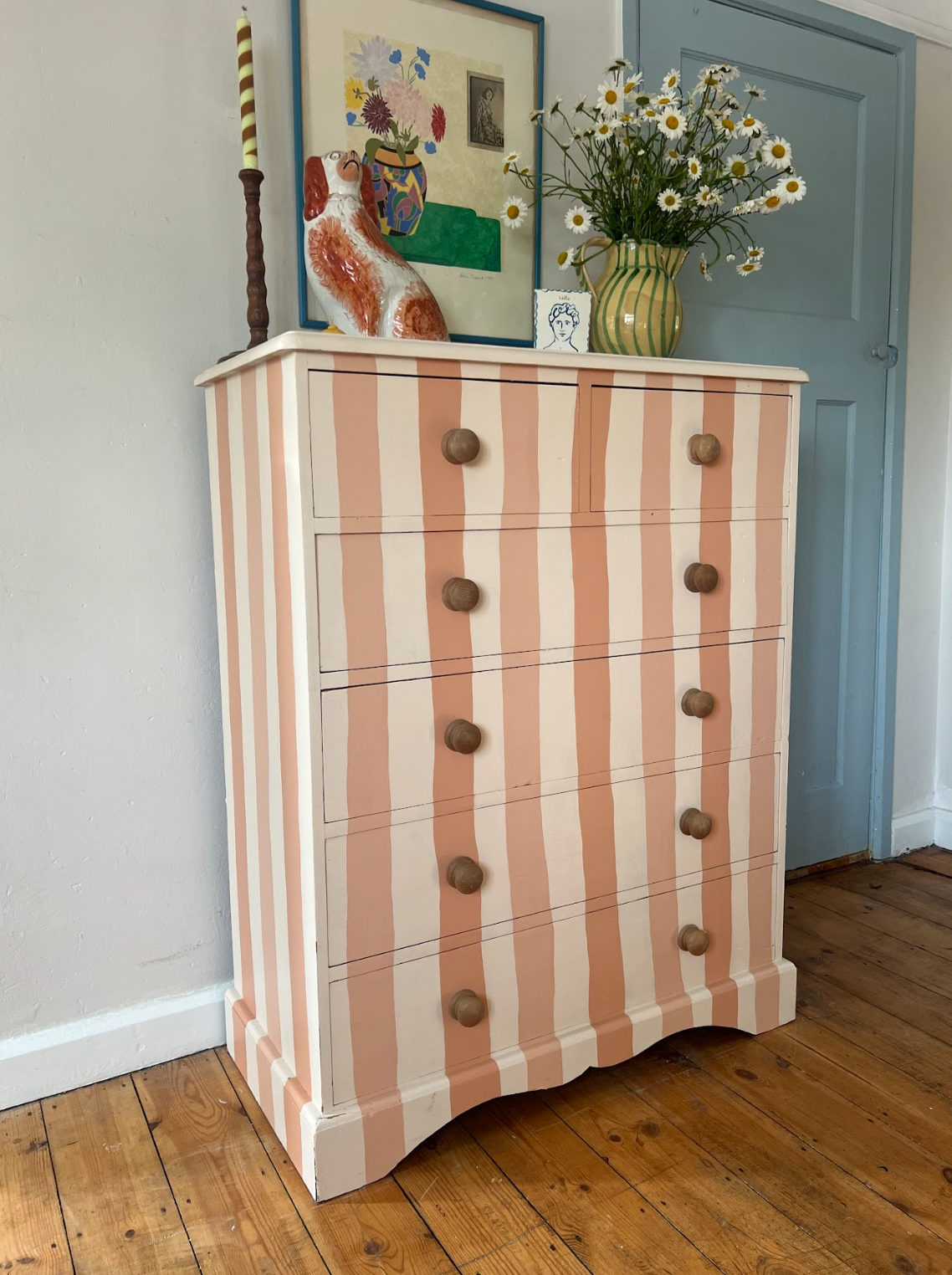 Peach Striped Antique Pine Chest of Drawers